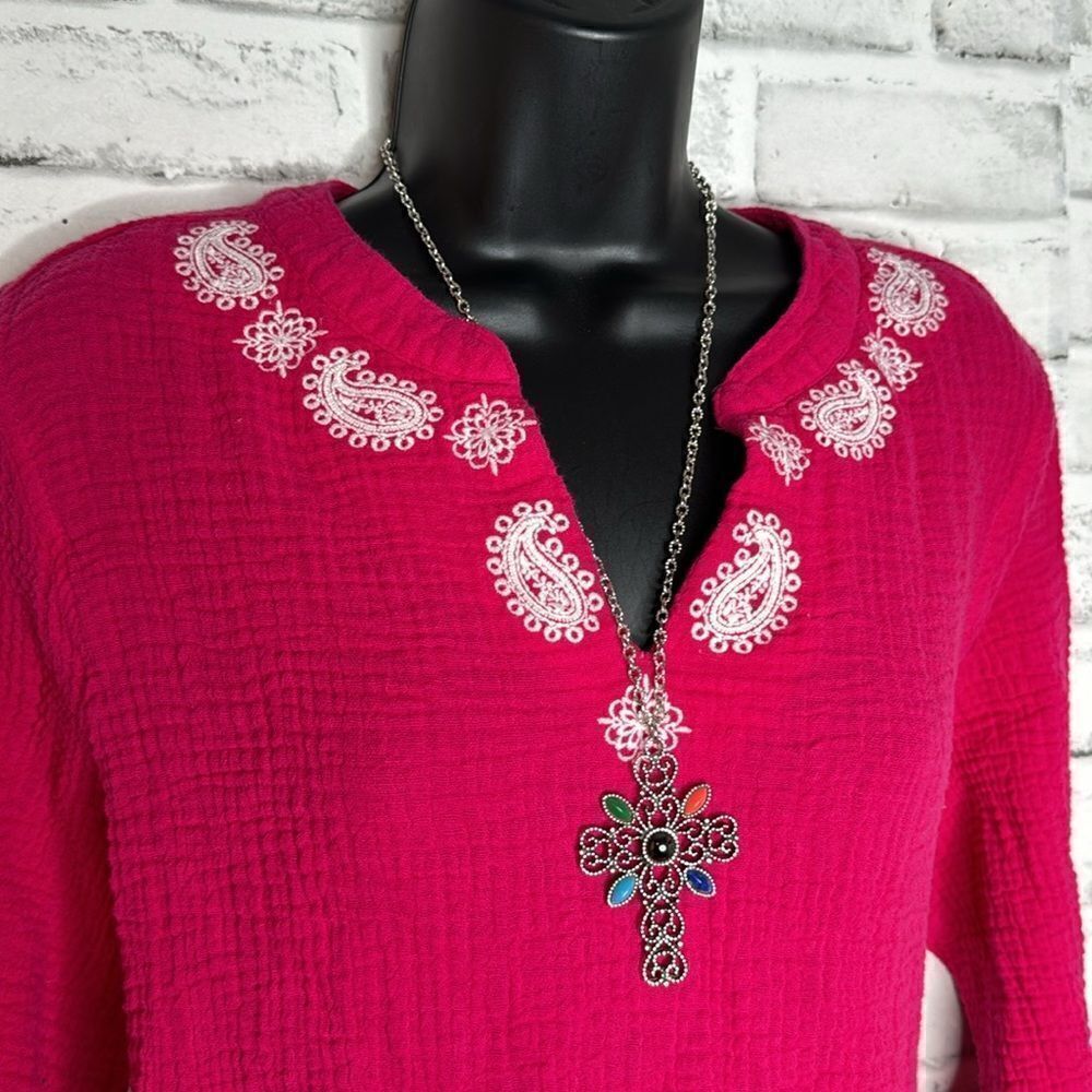 Ruby Rd Boho Top, Red With White Cruelwork Detail… - image 3
